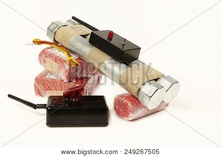 Seized Contraband Of Plastic Explosives And Bomb Components With Radio Detonator