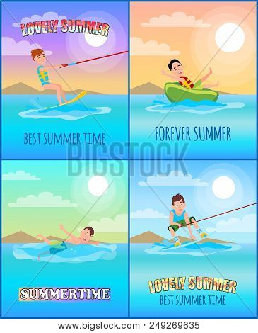 Best Summer Time Collection, Posters With Headlines And Types Of Summer Sport, Kitesurfing And Donut