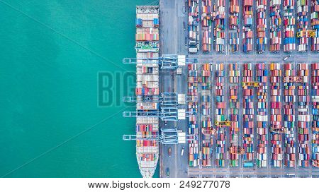 Aerial Top View Container Cargo Ship, Business Import Export Logistic And Transportation Of Internat