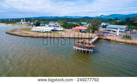 Sipitang,sabah-july 6,2018:aerial View Of The Wooden Pier Or Jetty With Hut At Esplanade In Sipitang