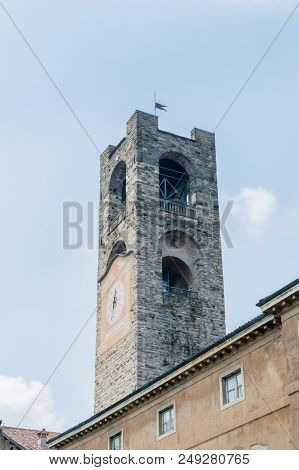 The Big Tower Campanone At Piazza Vecchia In The Old Town Of Bergamo.