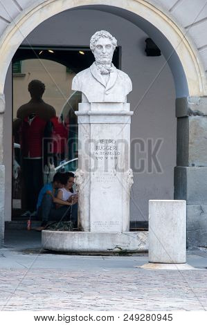 Bergamo, Italy - May 30, 2018: Bust Of Italian Poet Pietro Ruggeri Da Stabello.