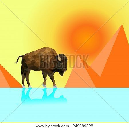 Isolated Low Poly Bison And Desert With Sun Back Ground,animal Geometric,vector.