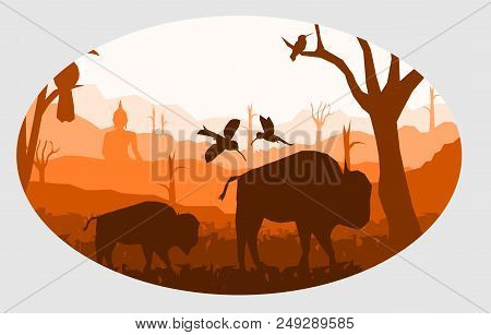 Low Poly Asian Nature Vector,cow In The Grass Field With Hornbill And Bird On Sunset Background,silh
