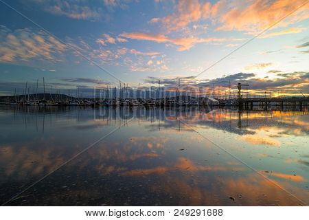Port Of Anacortes Cap Sante Marina In Washington State During Sunset