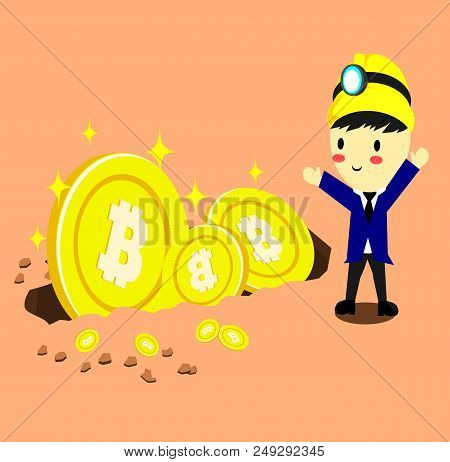 Businessman Standing With Big Coin,cartoon Style,cryptocurrency Concept