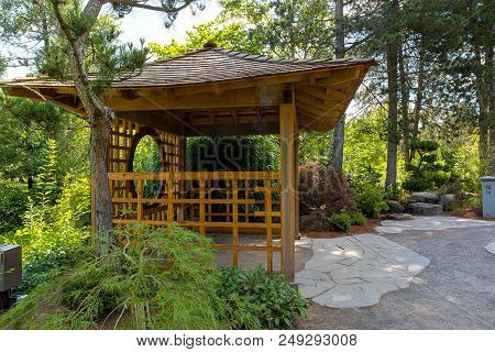 Wooden Gazebo At Tsuru Island Japanese Garden In Gresham Oregon City Park