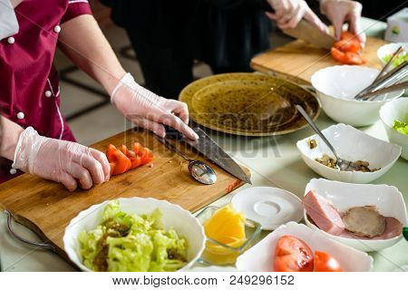 Master Class In Preparing Meat Salad With Tomatoes And Salad, New Menu From The Chef
