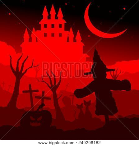 Scarecrow,two Cats In Love Sitting With Dry Tree And Crescent Moon At Night,lover Couple,cartoon Sty