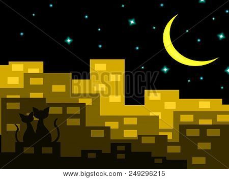 Two Cats In Love Sitting On The Building With Crescent Moon At Night,lover Couple,vector.