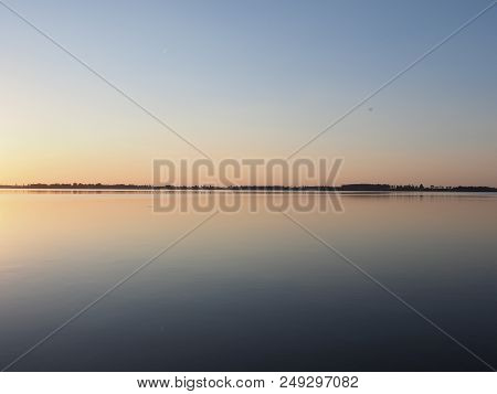Calm Sun Set Over Artificial European Goczalkowice Reservoir And Coastline Near Pszczyna City In Pol