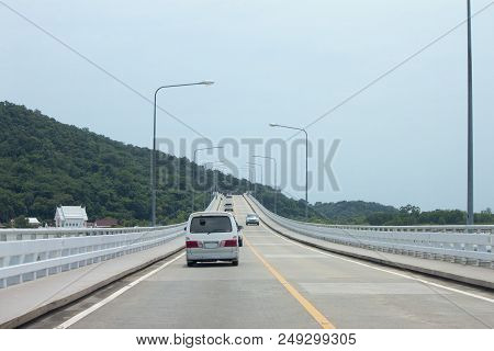 Chanthaburi Thailand, July 8,2018 : The Car Ran Across The Bridge At Laem Sing Bridge District Chant