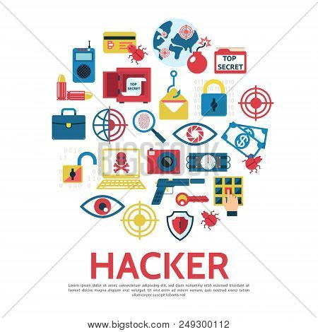 Flat Hacking Round Concept With Safe Hacker Bug Lock Laptop Money Dynamite Bomb Key Pistol Shield Fi