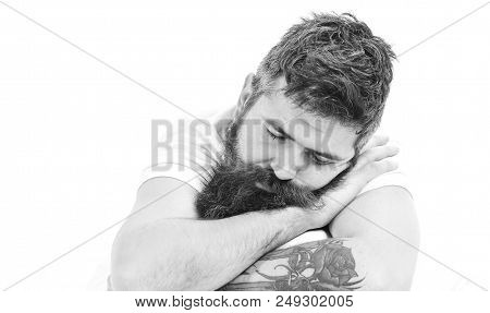 Hipster Sleeping, Copy Space. Guy With Tattoo Fall Asleep, Close Up. Man With Sleepy Face Lies On Hi