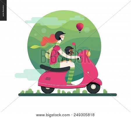 Girl On A Scooter - Flat Vector Concept Illustration Of Ginger Girl Wearing Helmet Riding A Pink Sco