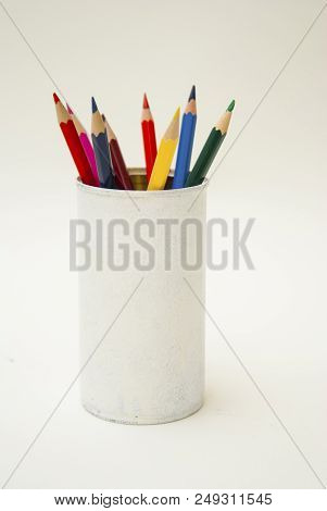 Colored Pencils In White Jar Box Isolated On White Background Copy Space School Suplies