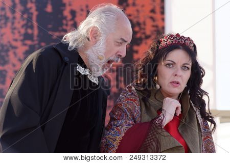 ST. PETERSBURG, RUSSIA - JULY 12, 2018: Natalia Yevstafieva as Lyubasha (right) and Nikolai Gassiev as Bomely in the opera The Tsar's Bride outdoors during the festival All Together Opera