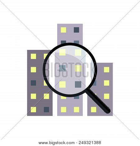 Magnifier And City Icon. Searching In The Big City