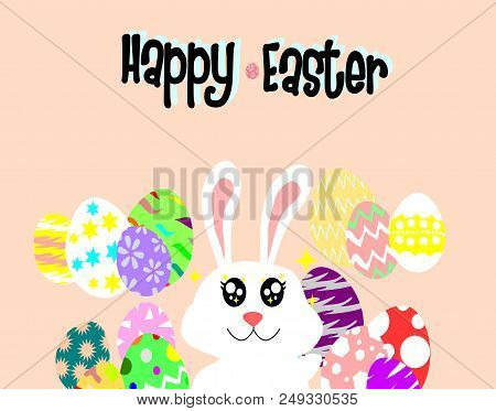 Cute Easter Bunny With A Lot Of Colorful Eggs,rabbit With Blue And Pink Back Ground ,animals Vector