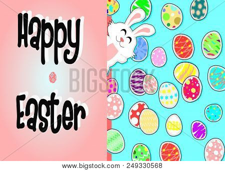 Cute Easter Bunny With A Lot Of Colorful Eggs,rabbit With Blue And Pink Back Ground ,animals Vector