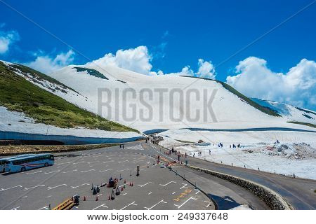 Toyama, Japan - June 9 : View Of Outside For Landscape Snow Wlall From Murodo Station In Toyama, Jap