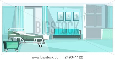Hospital Room With Bed On Wheels Vector Illustration. Blue Private Room Un Clinic With Comfortable S