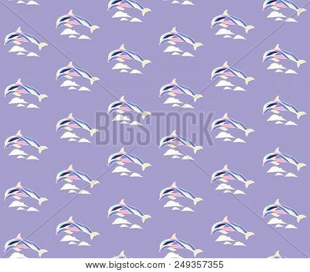 Seamless Pattern With Dolphins And Waves. Colorful Scheme.
