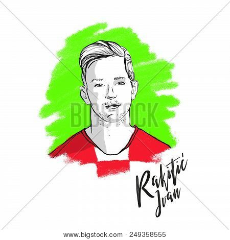 Russia, Moscow - June 13, 2018: Ivan Rakitic, Croatian Footballer Hand Drawn Portrait, Playing Durin