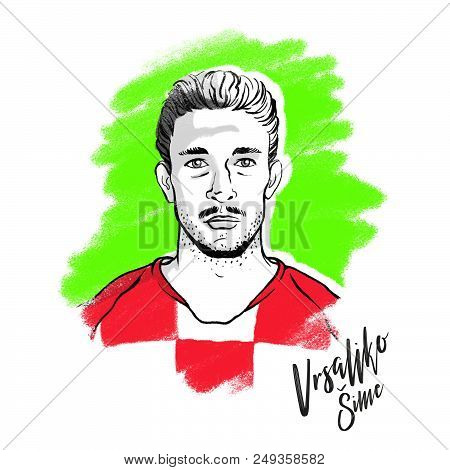 Russia, Moscow - June 13, 2018: Sime Vrsaljko, Croatian Footballer Hand Drawn Portrait, Playing Duri