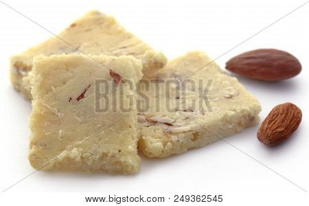 Closeup Of Tasty Almond Barfi Over White Background