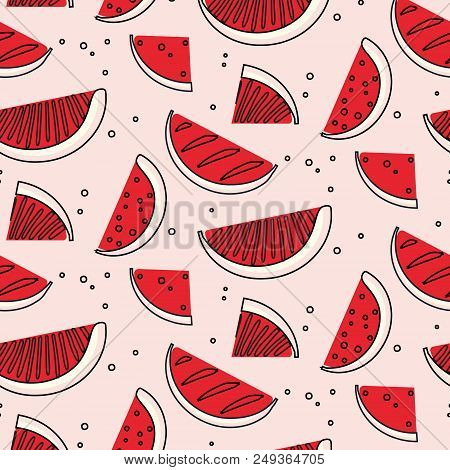 Watermelon Summre Fruit Concept. Fern Botanical Scandinavian Pattern. Retro Line Art Tropical Print.