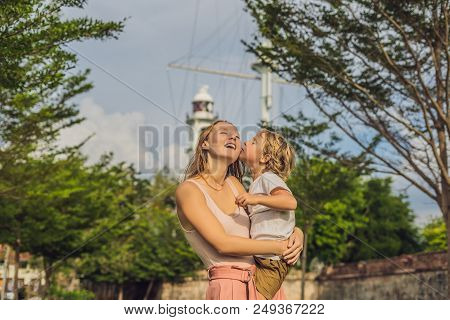 Mom And Son On Background Of Fort Cornwallis In Georgetown, Penang, Is A Star Fort Built By The Brit