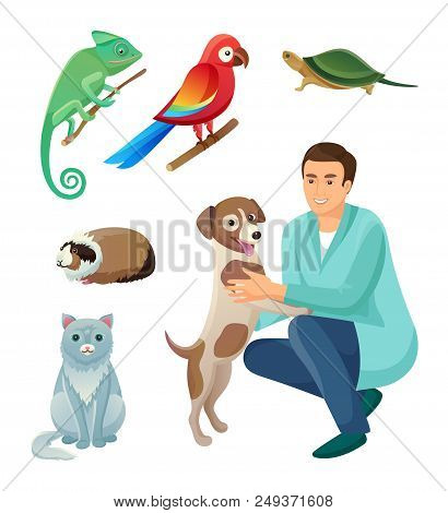 Veterinarian In Robe With Dog And Exotic Pets Set. Friendly Dog And Fluffy Cat Together With Exotic 