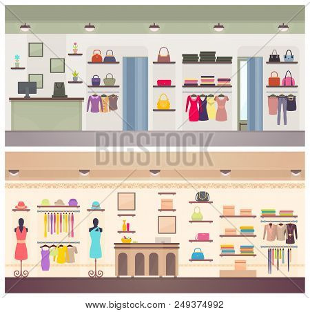 Two Designs Of Lady Clothing Shops Vector Banner, Illustration With Dresses Stylish Handbags Female 