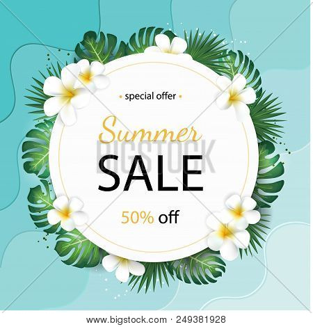 Summer Sale Background With Tropical Palm Leaves And Plumeria Flower. Poster For Print, Party Invita