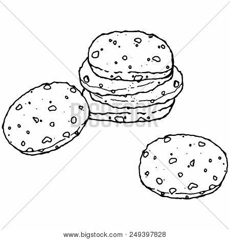 Chocolate Biscuits With Nuts. Vector Of Cookies With Chocolate And Nuts. Hand Drawn Icon, Logo Biscu
