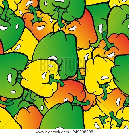 Seamless Pattern From Bell Pepper. Vector Illustration Of A Seamless Pattern Of Sweet Peppers. Hand 