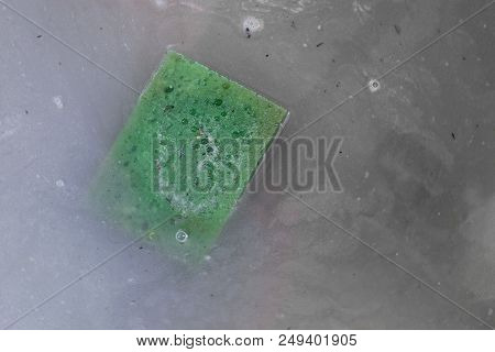 Green Dirty Sponge Floating In Dirty Grey Water
