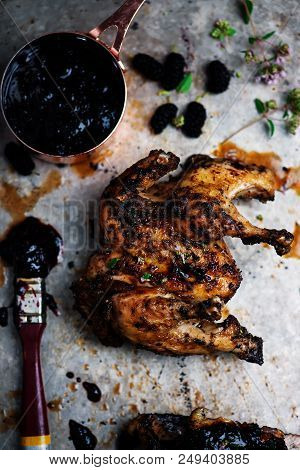 Chicken A Grill With Chimichury Sauce..style Rustic.selective Focus