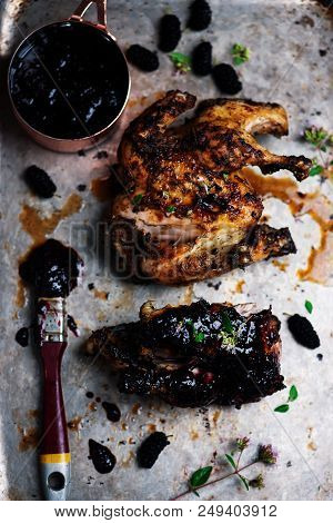 Chicken A Grill With Chimichury Sauce..style Rustic.selective Focus