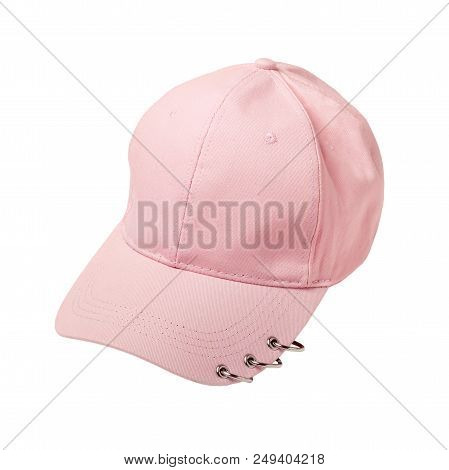 Blank Pink Baseball Cap With Rings Isolated On White.