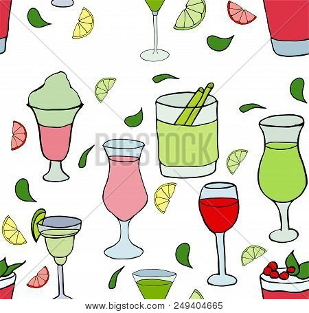 Different Cocktails Pattern Isolated On White Background