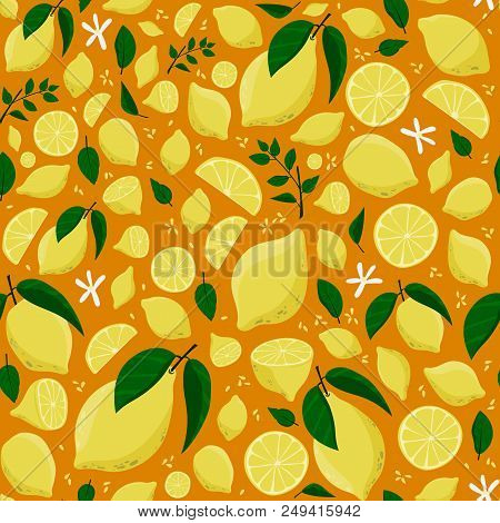 Seamless Lemon Pattern. Floral Background. Stock Vector