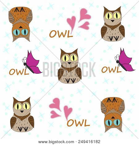 Vector Seamless Pattern With Owls, Butterflies And Hearts. Illustration Of A Cartoon Owl. Cartoon Pr