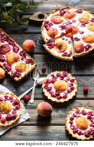Rustic Open Pie With Peach And Raspberry, French Galette . Peach Tart. Raspberry Tart. Tartalette Wi