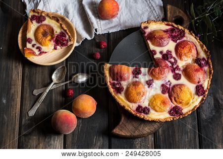 Rustic Open Pie With Peach And Raspberry, French Galette . Peach Tart. Raspberry Tart. Tartalette Wi
