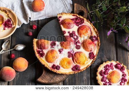 Rustic Open Pie With Peach And Raspberry, French Galette . Peach Tart. Raspberry Tart. Tartalette Wi