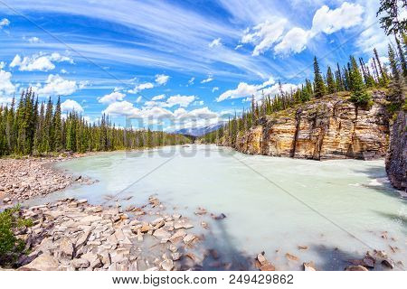 Athabasca River With Stunning Canyon Walls At Athabasca Falls In Jasper National Park On The Icefiel