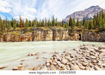 Athabasca River With Stunning Canyon Walls At Athabasca Falls In Jasper National Park On The Icefiel