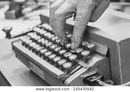 Antique Typewriter. Vintage Typewriter Machine Closeup Photo.